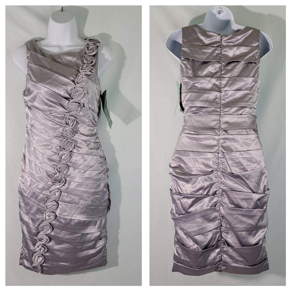 NWT Signature By Sangria Silver Modern Social Cocktail Dress Sz 4 Floral Appliqu